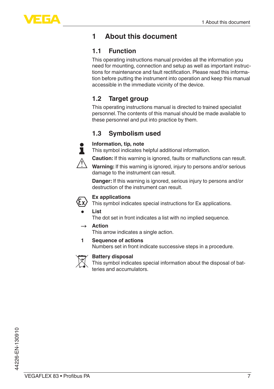 1 about this document, 1 function, 2 target group | 3 symbolism used | VEGA VEGAFLEX 83 Profibus PA PFA insulated User Manual | Page 7 / 96