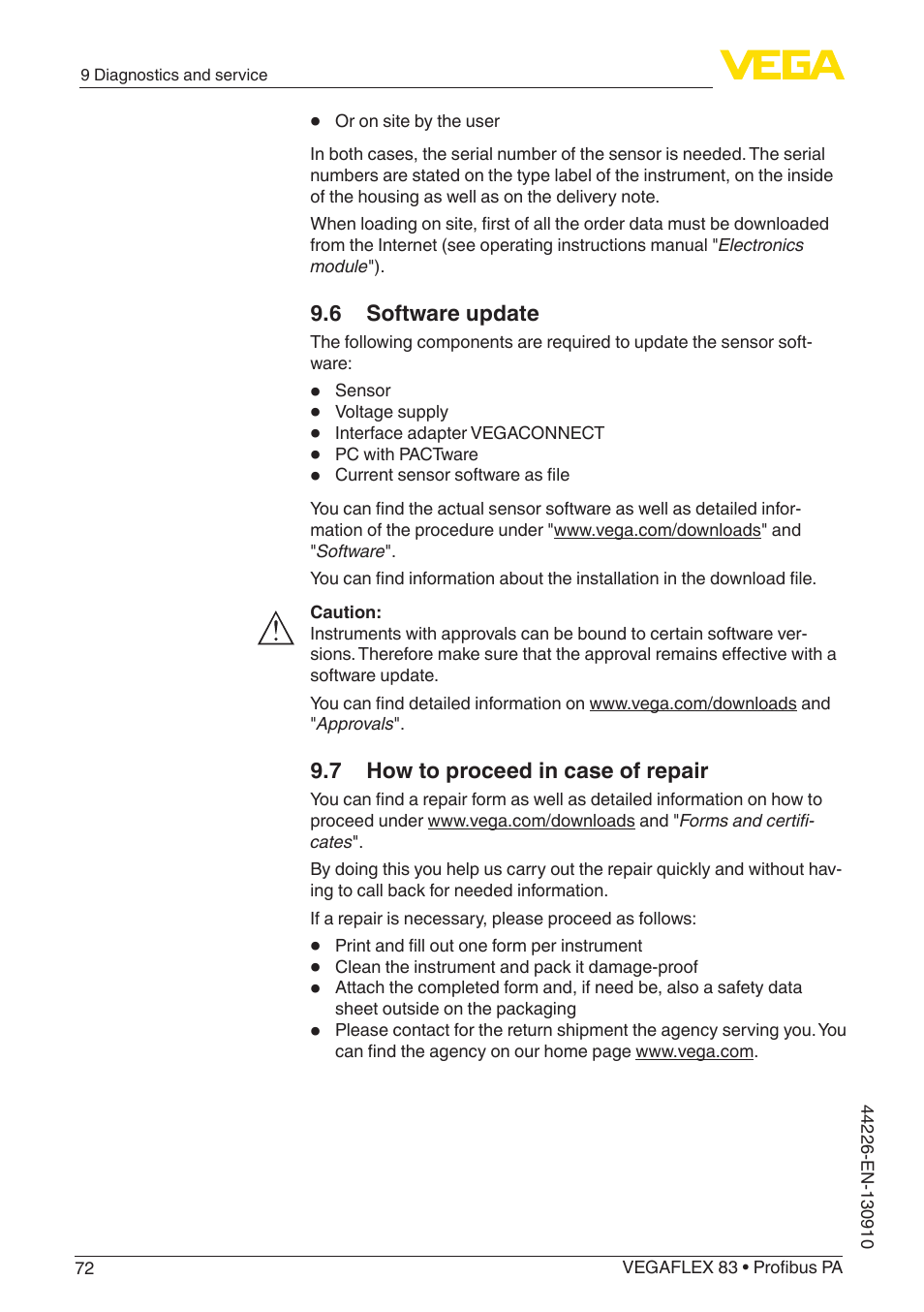 6 software update, 7 how to proceed in case of repair | VEGA VEGAFLEX 83 Profibus PA PFA insulated User Manual | Page 72 / 96