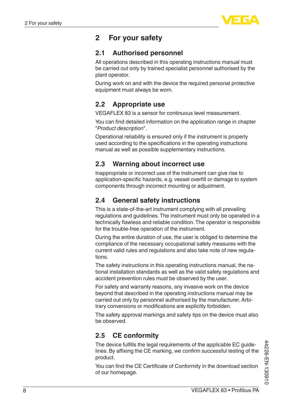 2 for your safety, 1 authorised personnel, 2 appropriate use | 3 warning about incorrect use, 4 general safety instructions, 5 ce conformity | VEGA VEGAFLEX 83 Profibus PA PFA insulated User Manual | Page 8 / 96