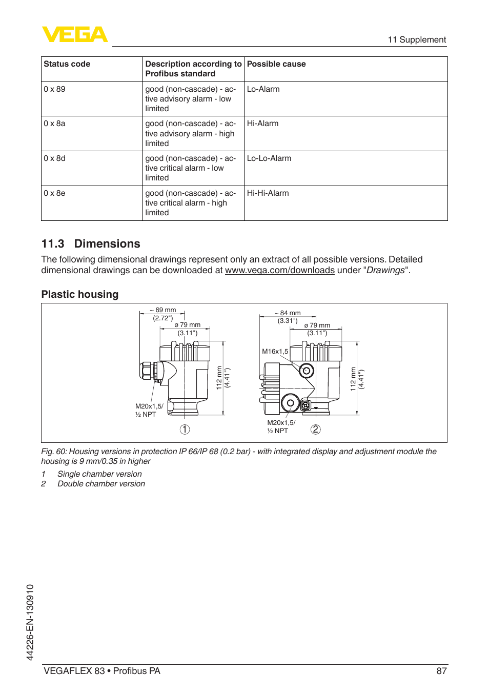 3 dimensions, Plastic housing | VEGA VEGAFLEX 83 Profibus PA PFA insulated User Manual | Page 87 / 96