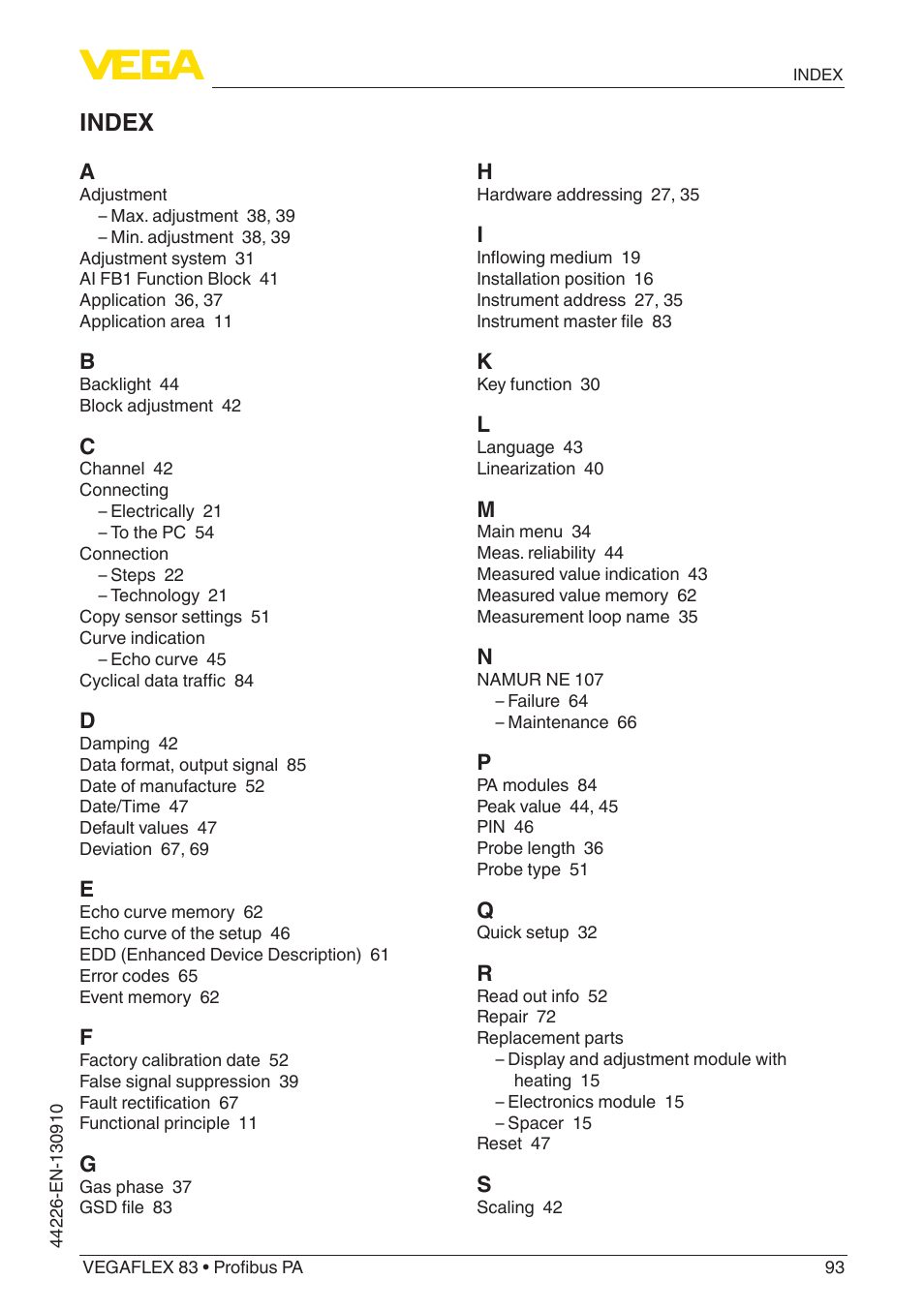 Index | VEGA VEGAFLEX 83 Profibus PA PFA insulated User Manual | Page 93 / 96