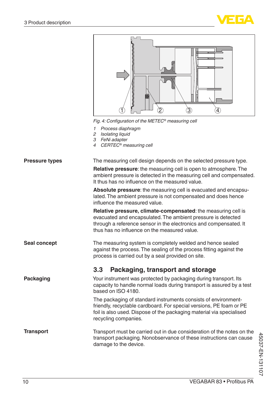 3 packaging, transport and storage | VEGA VEGABAR 83 Profibus PA - Operating Instructions User Manual | Page 10 / 88