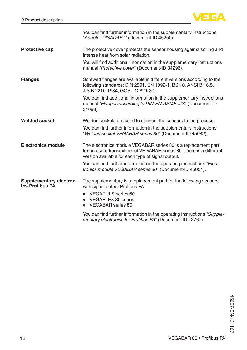 VEGA VEGABAR 83 Profibus PA - Operating Instructions User Manual | Page 12 / 88