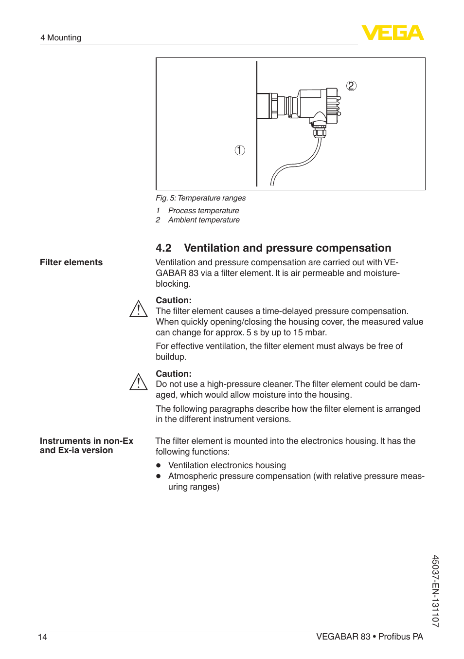 2 ventilation and pressure compensation | VEGA VEGABAR 83 Profibus PA - Operating Instructions User Manual | Page 14 / 88