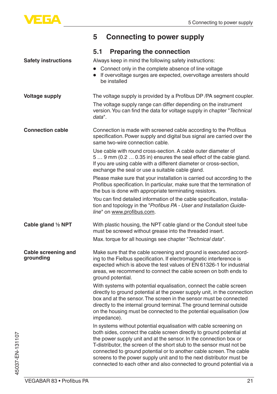 5 connecting to power supply, 1 preparing the connection | VEGA VEGABAR 83 Profibus PA - Operating Instructions User Manual | Page 21 / 88
