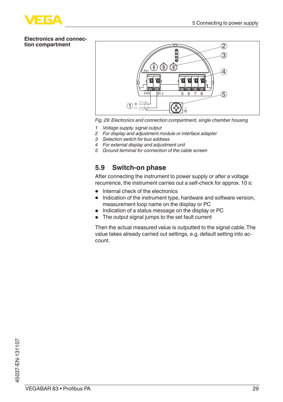 9 switch-on phase, Internal check of the electronics, 5 connecting to power supply | VEGA VEGABAR 83 Profibus PA - Operating Instructions User Manual | Page 29 / 88