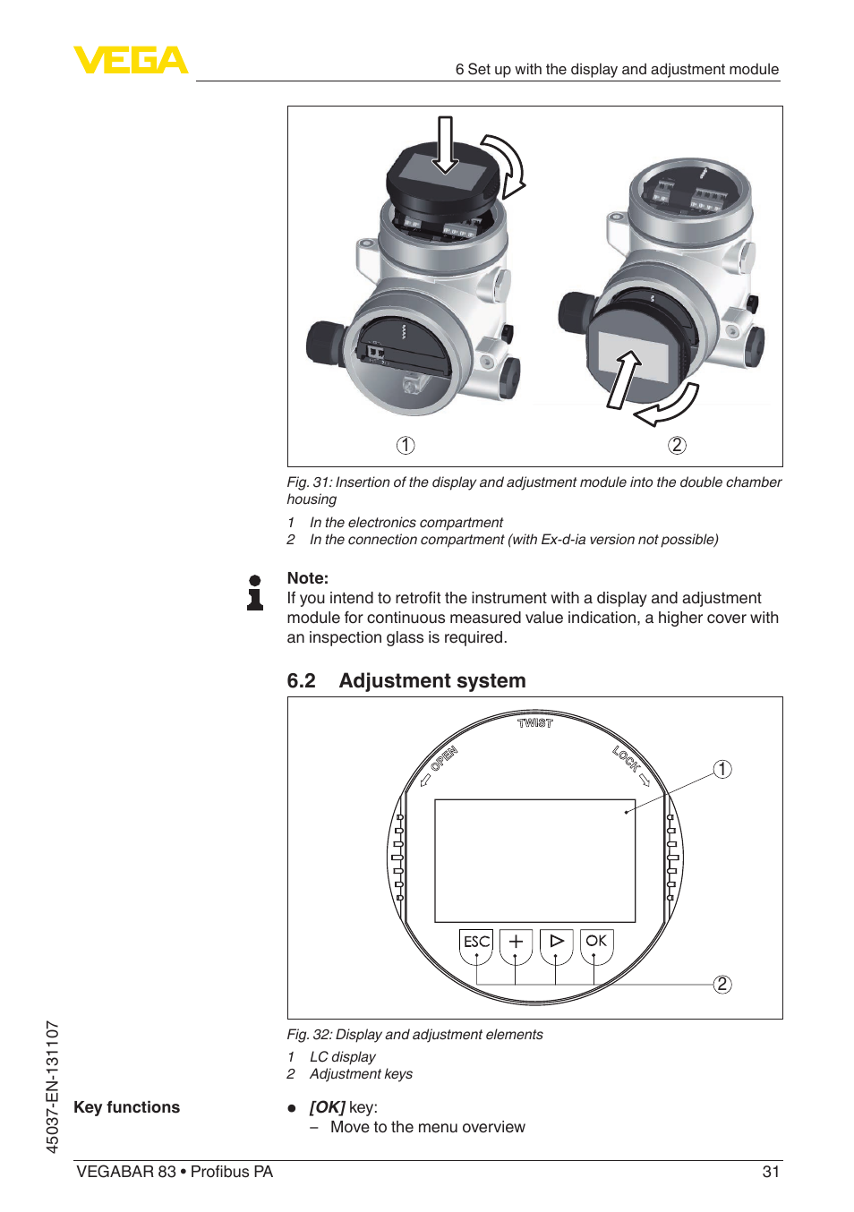 2 adjustment system | VEGA VEGABAR 83 Profibus PA - Operating Instructions User Manual | Page 31 / 88