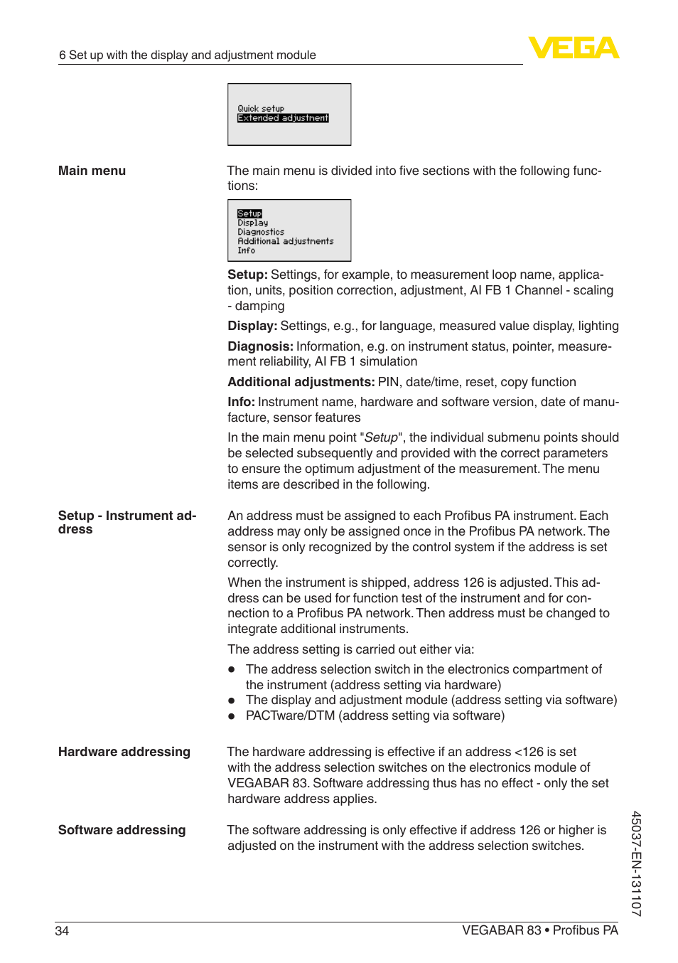 VEGA VEGABAR 83 Profibus PA - Operating Instructions User Manual | Page 34 / 88