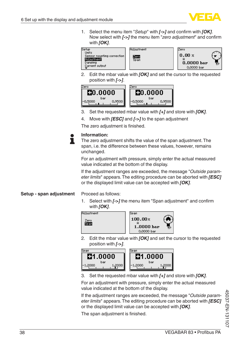 VEGA VEGABAR 83 Profibus PA - Operating Instructions User Manual | Page 38 / 88