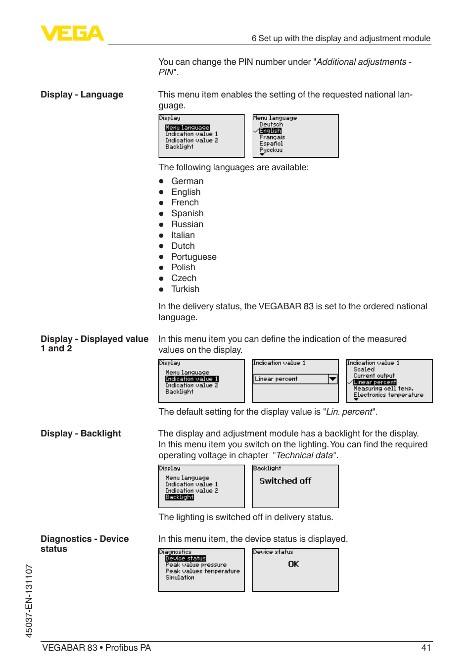 VEGA VEGABAR 83 Profibus PA - Operating Instructions User Manual | Page 41 / 88