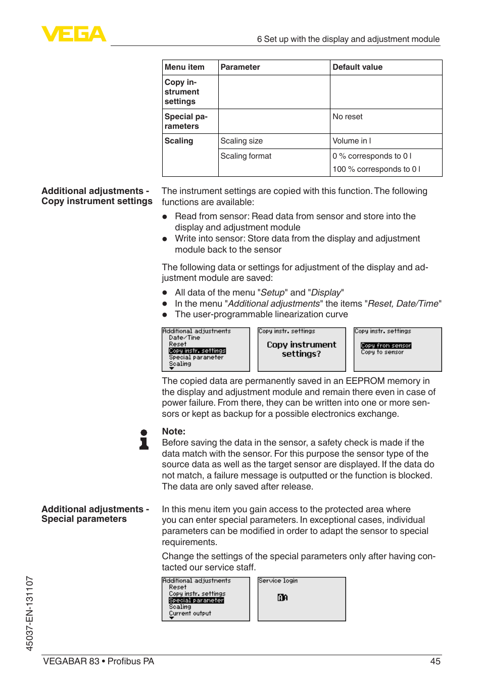 VEGA VEGABAR 83 Profibus PA - Operating Instructions User Manual | Page 45 / 88
