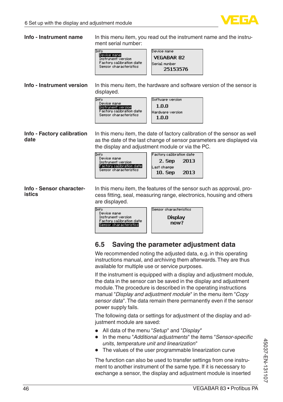 5 saving the parameter adjustment data | VEGA VEGABAR 83 Profibus PA - Operating Instructions User Manual | Page 46 / 88