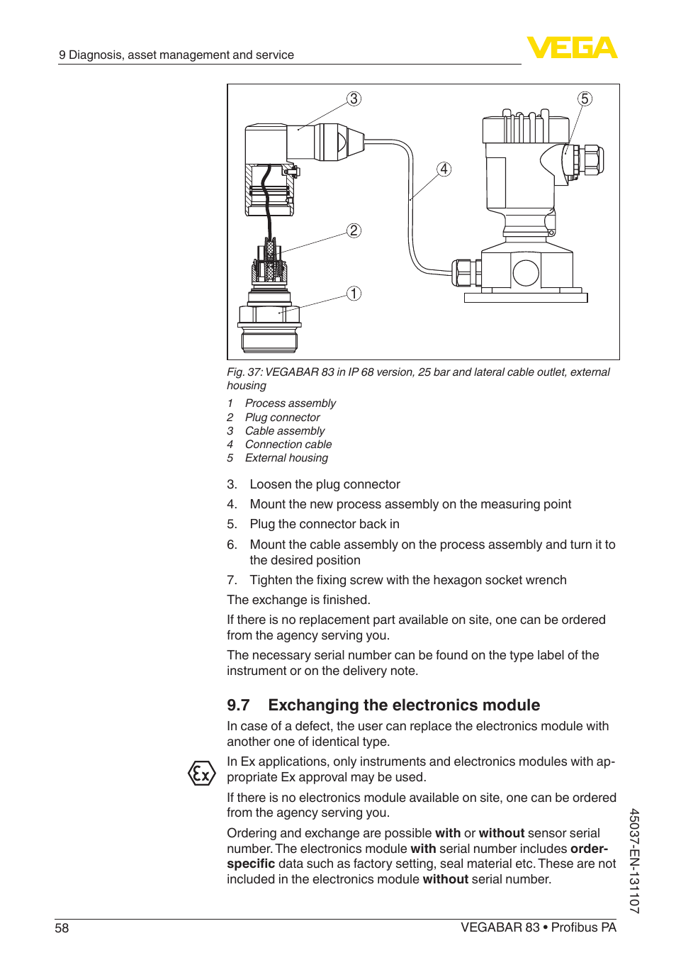 7 exchanging the electronics module | VEGA VEGABAR 83 Profibus PA - Operating Instructions User Manual | Page 58 / 88