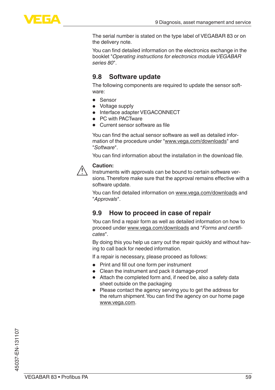 8 software update, 9 how to proceed in case of repair | VEGA VEGABAR 83 Profibus PA - Operating Instructions User Manual | Page 59 / 88