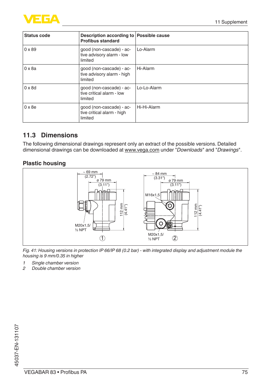 3 dimensions, Plastic housing | VEGA VEGABAR 83 Profibus PA - Operating Instructions User Manual | Page 75 / 88