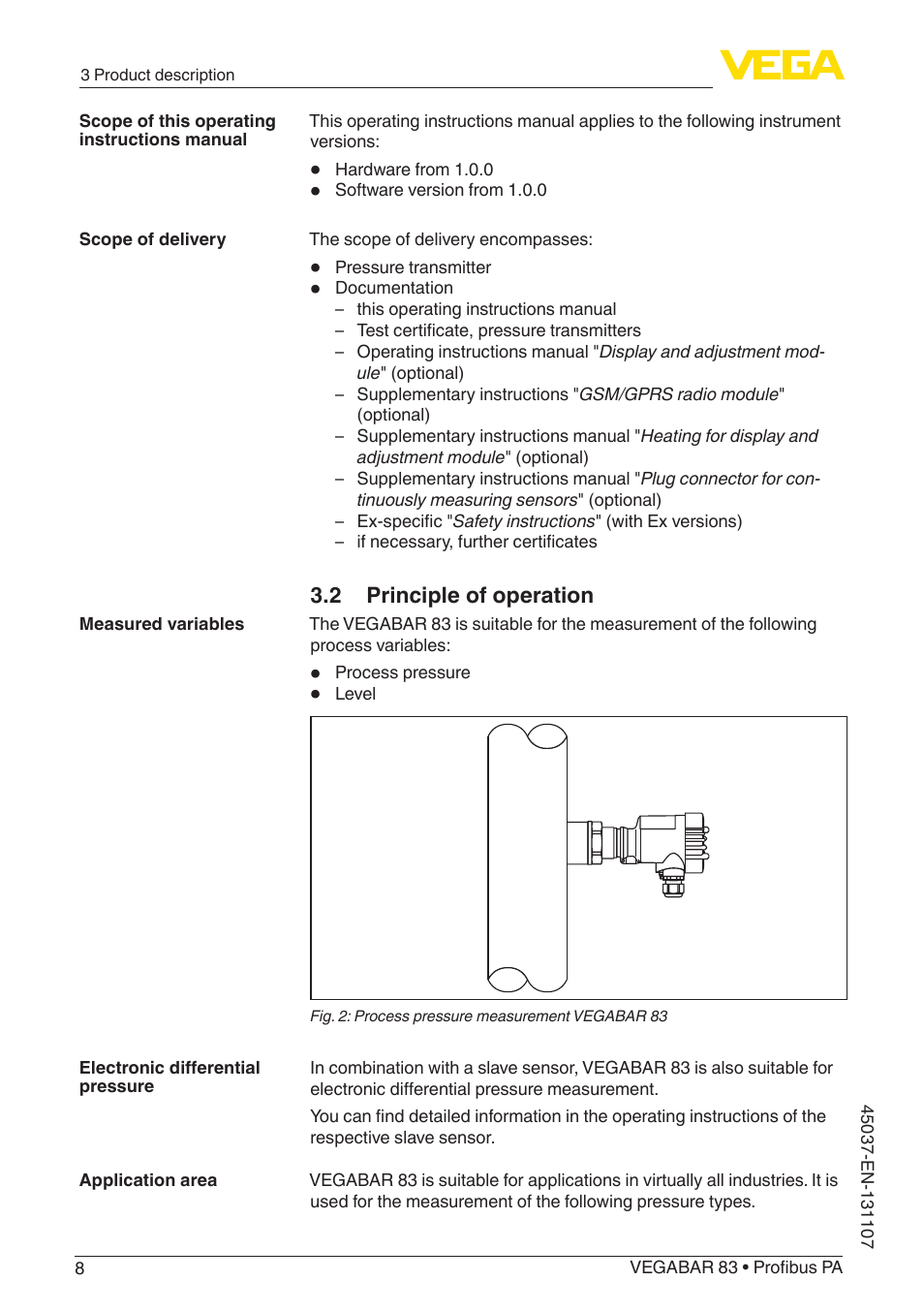 2 principle of operation | VEGA VEGABAR 83 Profibus PA - Operating Instructions User Manual | Page 8 / 88