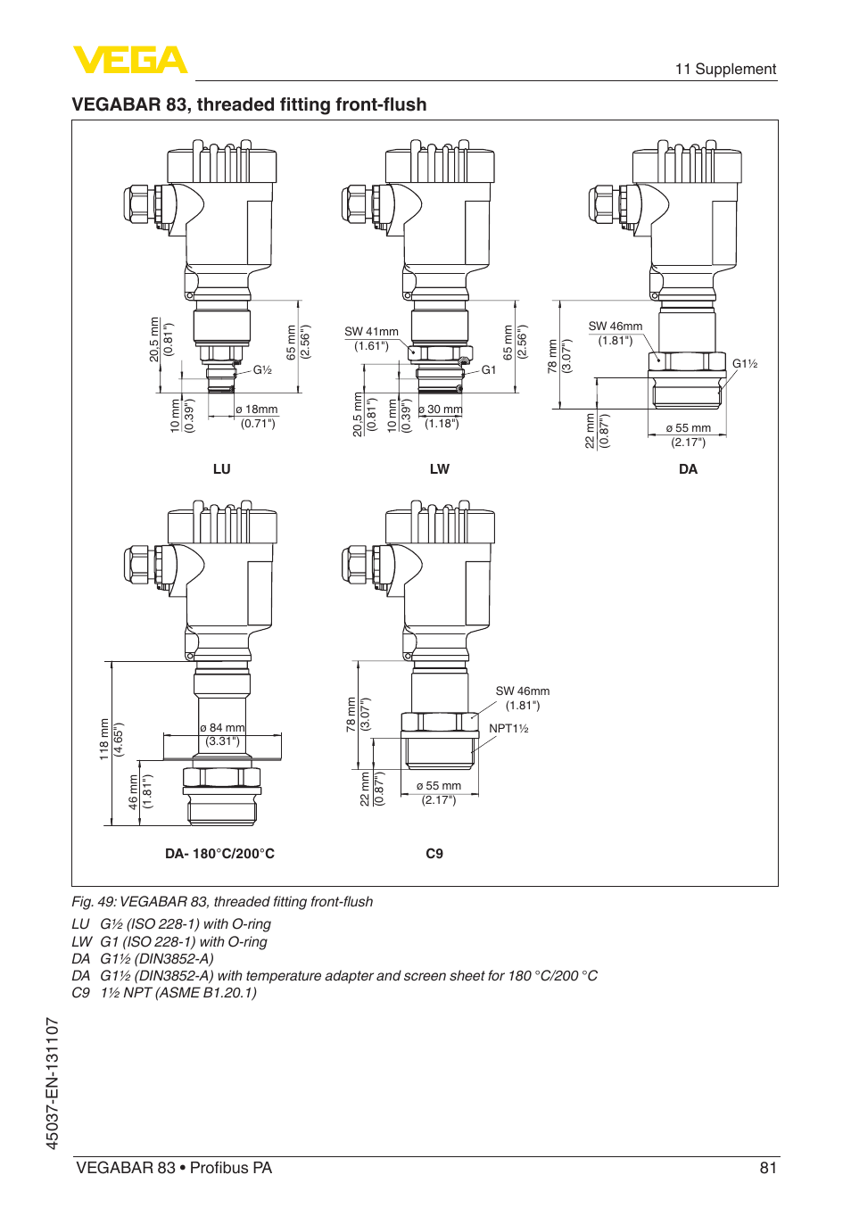 Vegabar 83, threaded fitting front-flush | VEGA VEGABAR 83 Profibus PA - Operating Instructions User Manual | Page 81 / 88