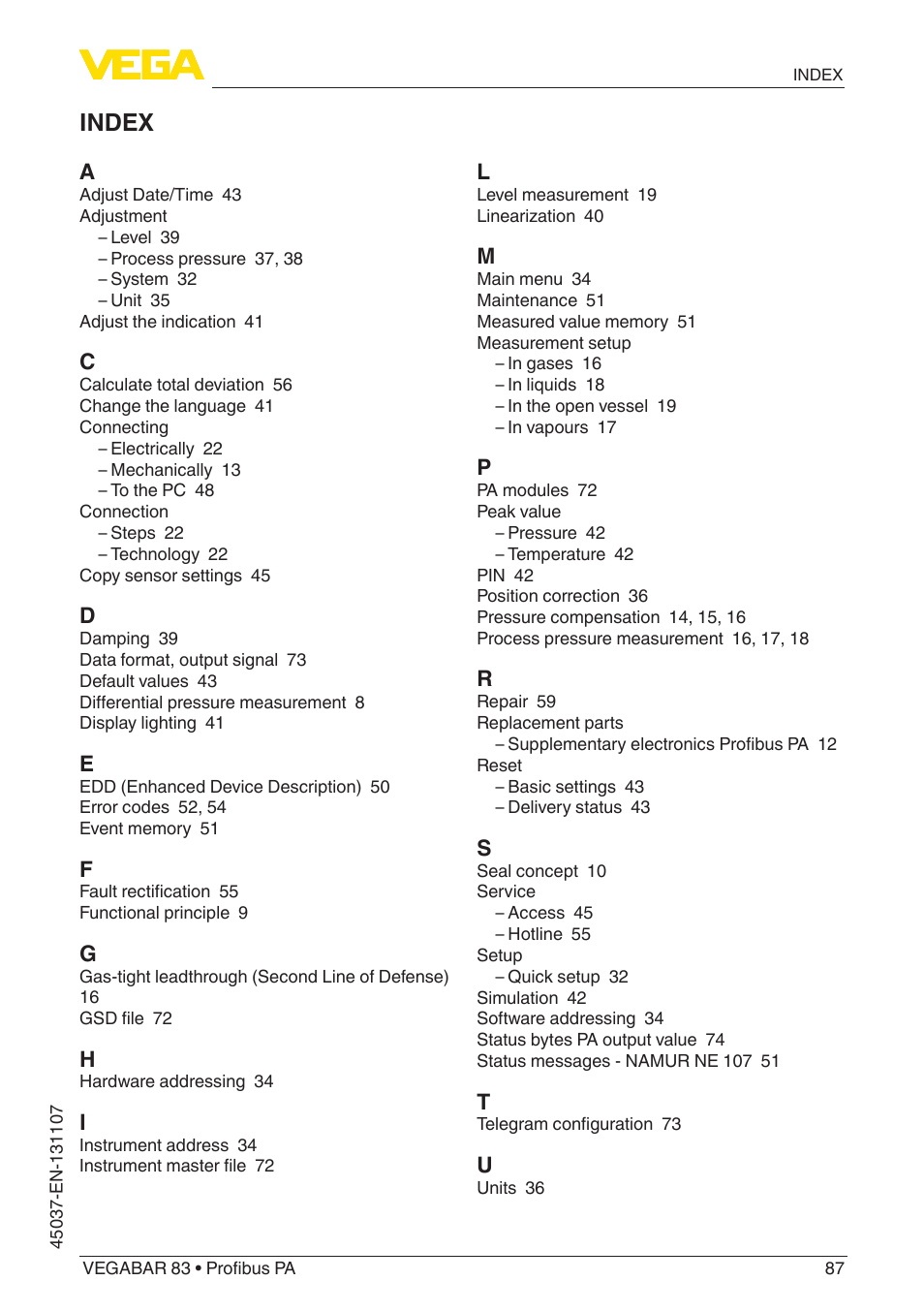 Index | VEGA VEGABAR 83 Profibus PA - Operating Instructions User Manual | Page 87 / 88