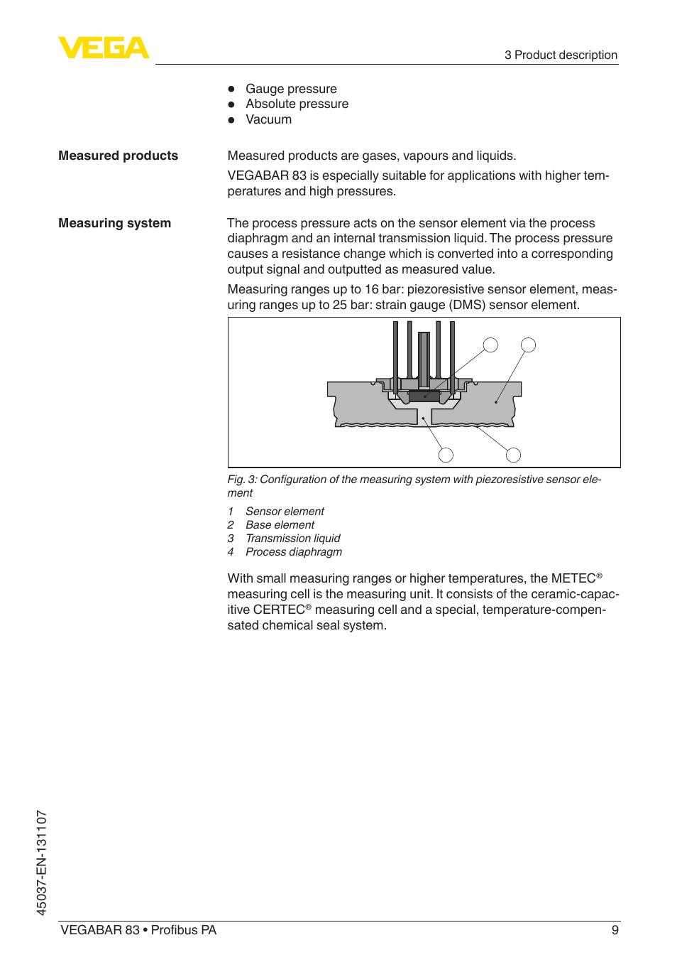 VEGA VEGABAR 83 Profibus PA - Operating Instructions User Manual | Page 9 / 88