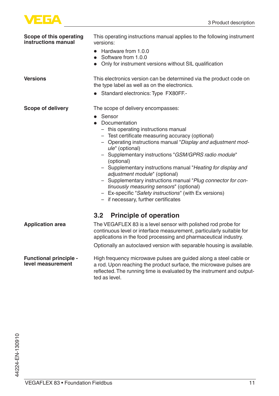 2 principle of operation | VEGA VEGAFLEX 83 Foundation Fieldbus Polished version User Manual | Page 11 / 96