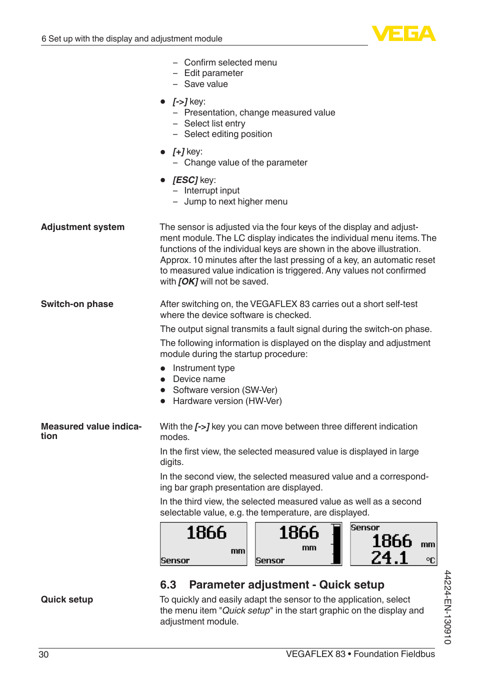 3 parameter adjustment - quick setup | VEGA VEGAFLEX 83 Foundation Fieldbus Polished version User Manual | Page 30 / 96