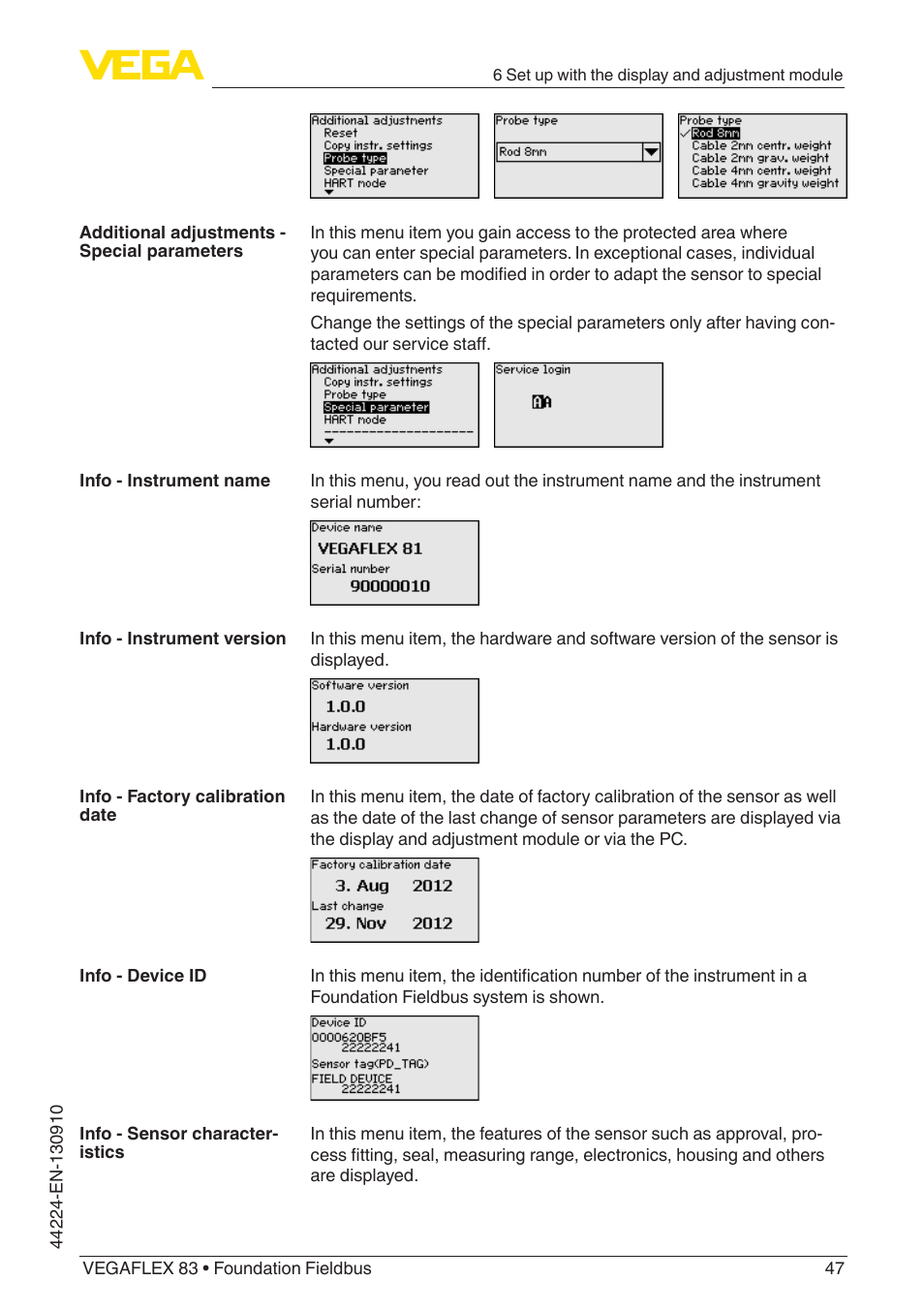 VEGA VEGAFLEX 83 Foundation Fieldbus Polished version User Manual | Page 47 / 96