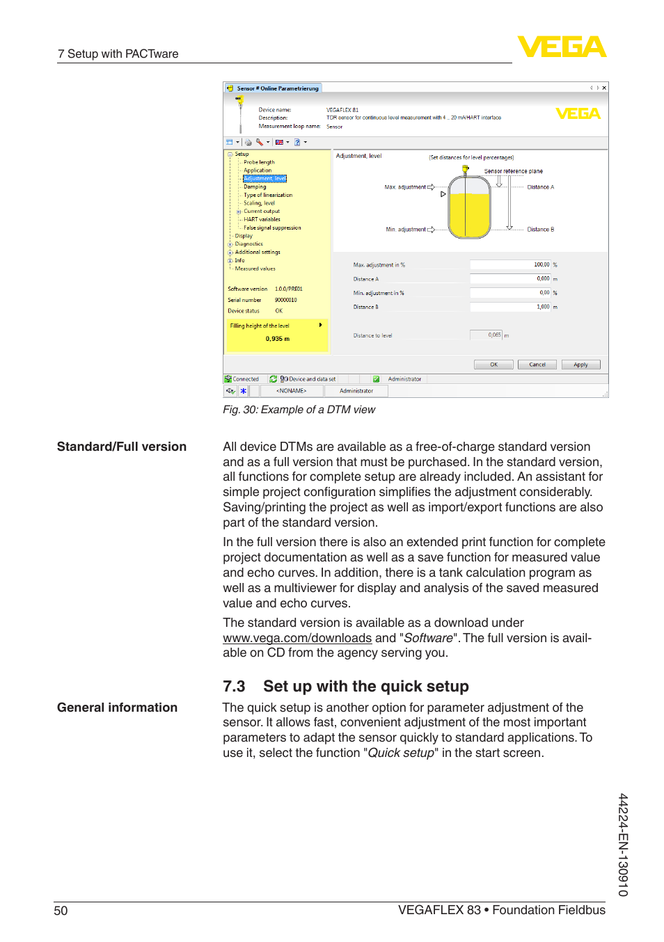 3 set up with the quick setup | VEGA VEGAFLEX 83 Foundation Fieldbus Polished version User Manual | Page 50 / 96