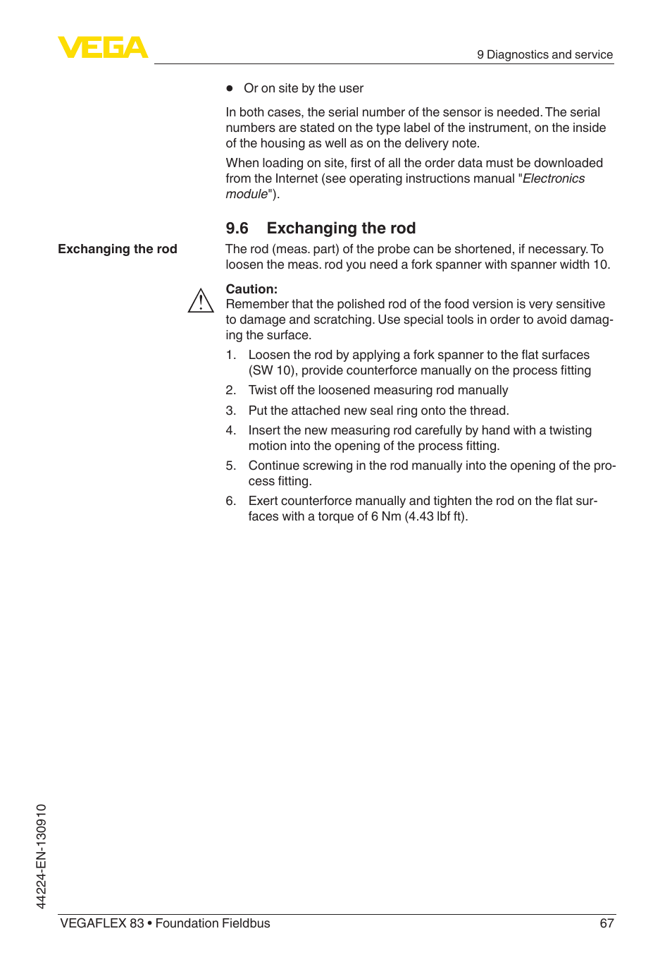 6 exchanging the rod | VEGA VEGAFLEX 83 Foundation Fieldbus Polished version User Manual | Page 67 / 96