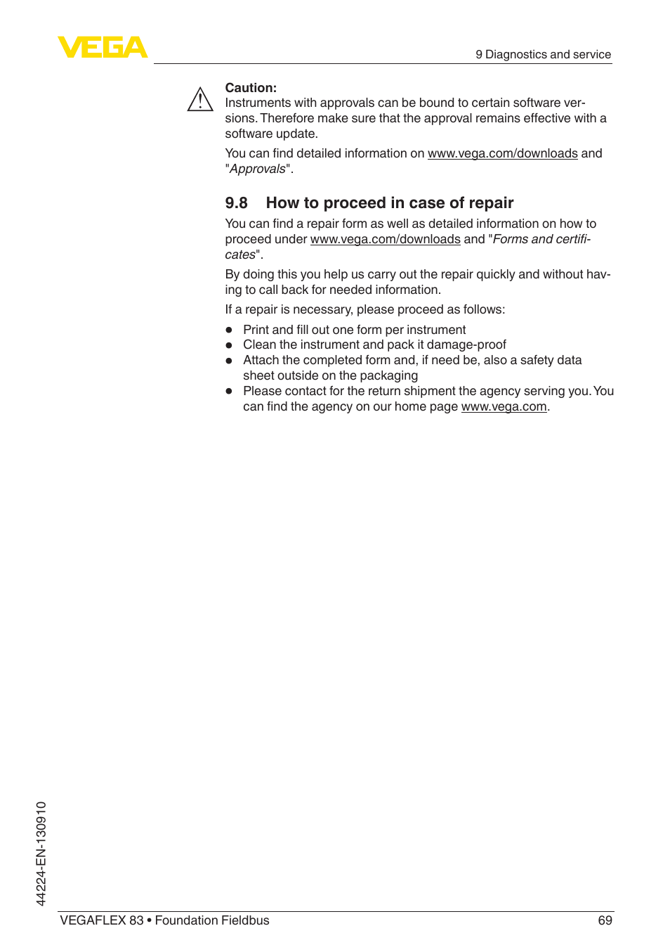 8 how to proceed in case of repair | VEGA VEGAFLEX 83 Foundation Fieldbus Polished version User Manual | Page 69 / 96