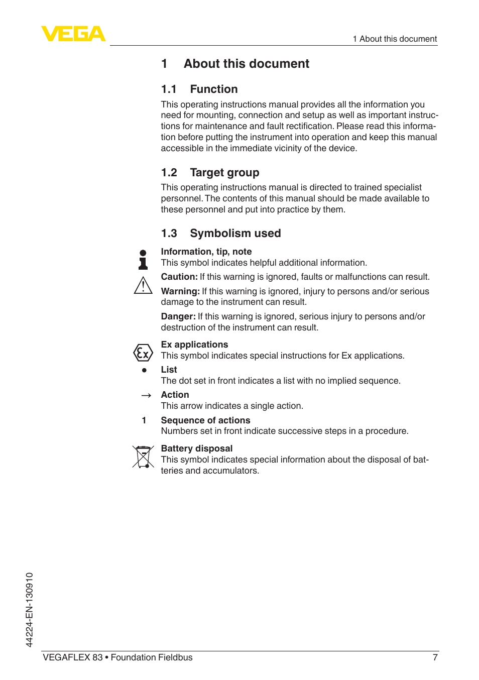 1 about this document, 1 function, 2 target group | 3 symbolism used | VEGA VEGAFLEX 83 Foundation Fieldbus Polished version User Manual | Page 7 / 96