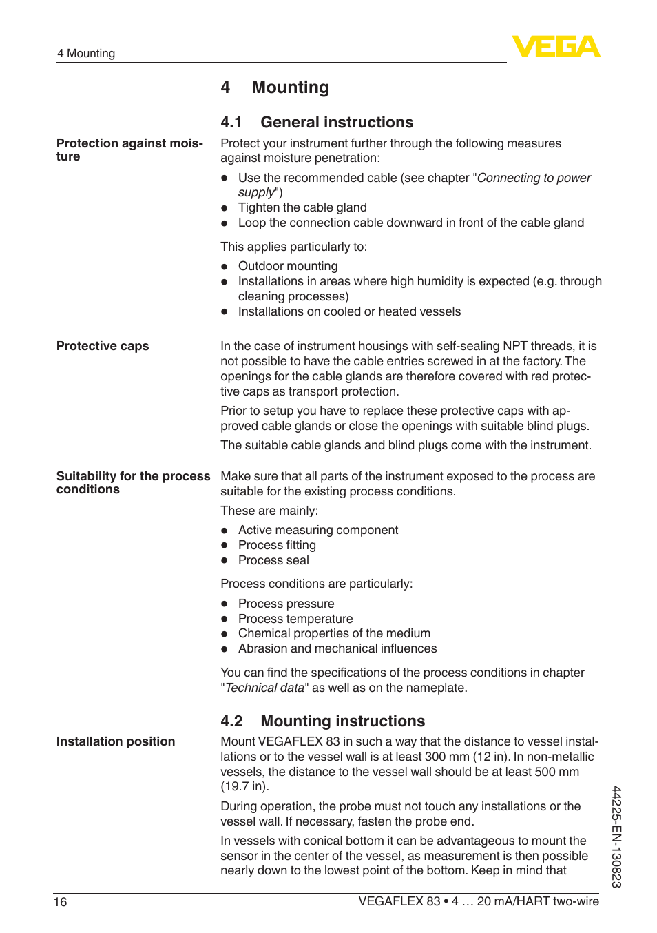 4 mounting, 1 general instructions, 2 mounting instructions | VEGA VEGAFLEX 83 4 … 20 mA_HART two-wire Rod probe - Polished version With SIL qualification User Manual | Page 16 / 92