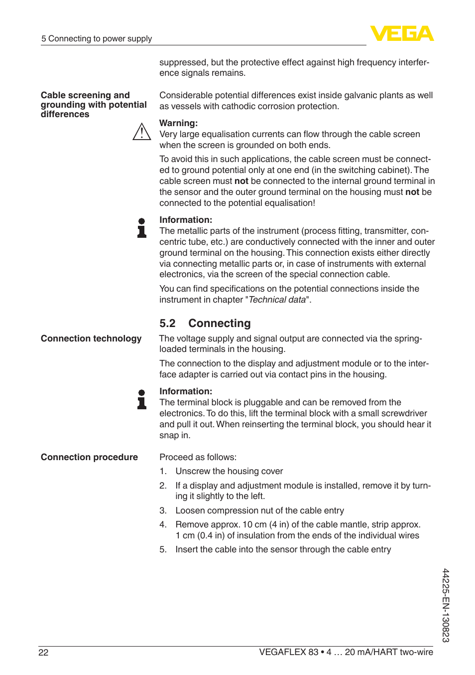 2 connecting | VEGA VEGAFLEX 83 4 … 20 mA_HART two-wire Rod probe - Polished version With SIL qualification User Manual | Page 22 / 92