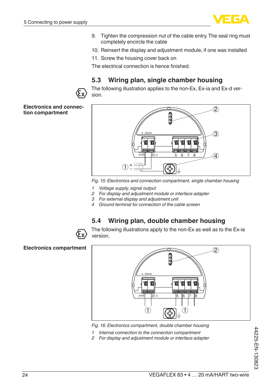 3 wiring plan, single chamber housing, 4 wiring plan, double chamber housing | VEGA VEGAFLEX 83 4 … 20 mA_HART two-wire Rod probe - Polished version With SIL qualification User Manual | Page 24 / 92