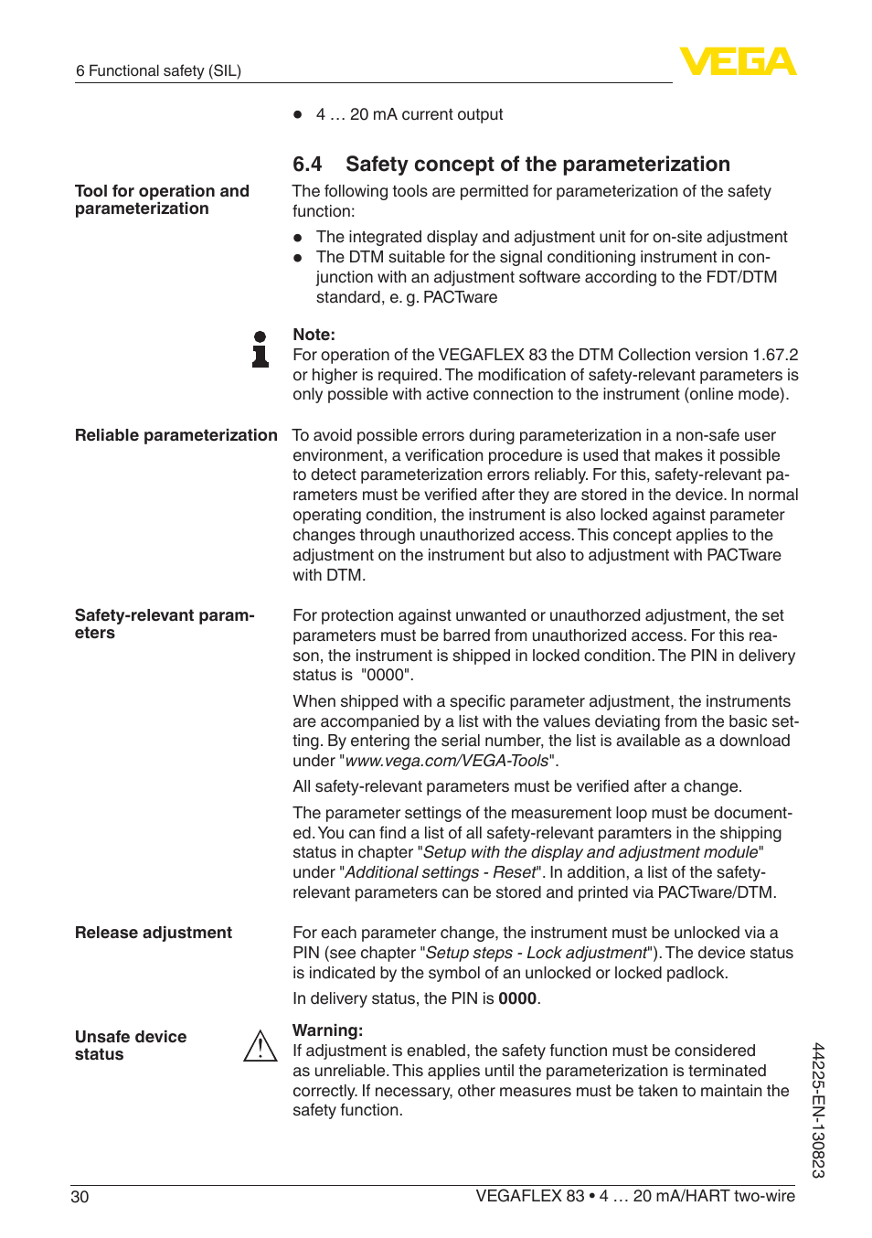 4 safety concept of the parameterization | VEGA VEGAFLEX 83 4 … 20 mA_HART two-wire Rod probe - Polished version With SIL qualification User Manual | Page 30 / 92