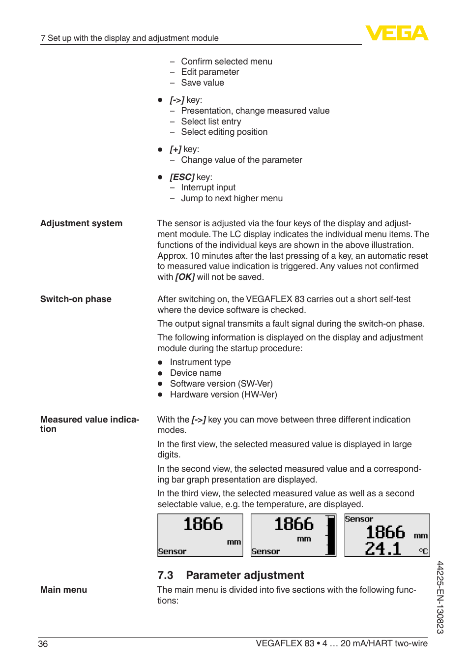 3 parameter adjustment | VEGA VEGAFLEX 83 4 … 20 mA_HART two-wire Rod probe - Polished version With SIL qualification User Manual | Page 36 / 92