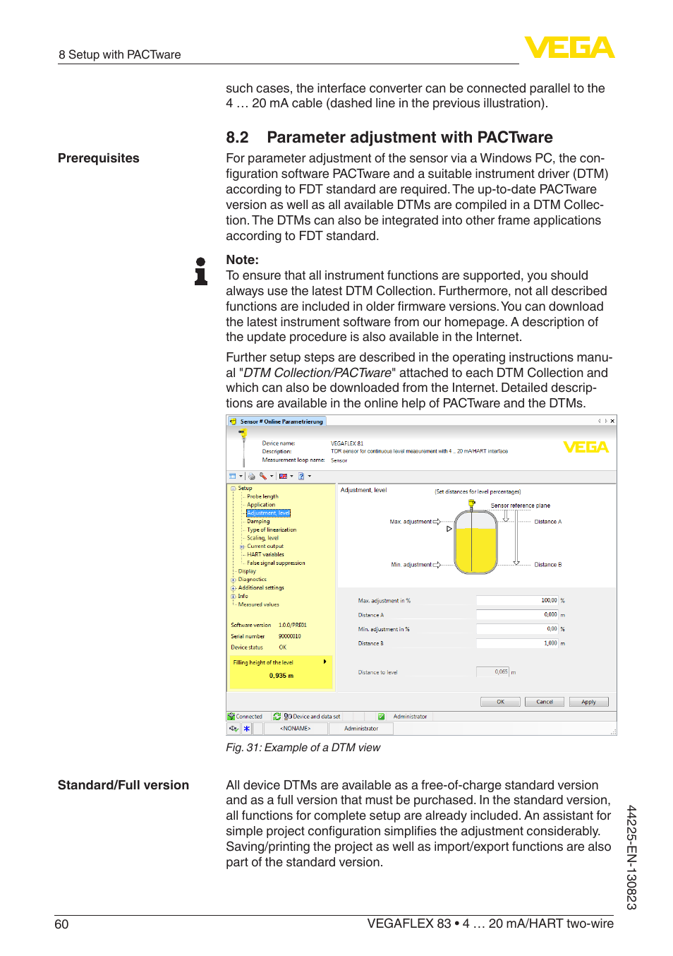 2 parameter adjustment with pactware | VEGA VEGAFLEX 83 4 … 20 mA_HART two-wire Rod probe - Polished version With SIL qualification User Manual | Page 60 / 92