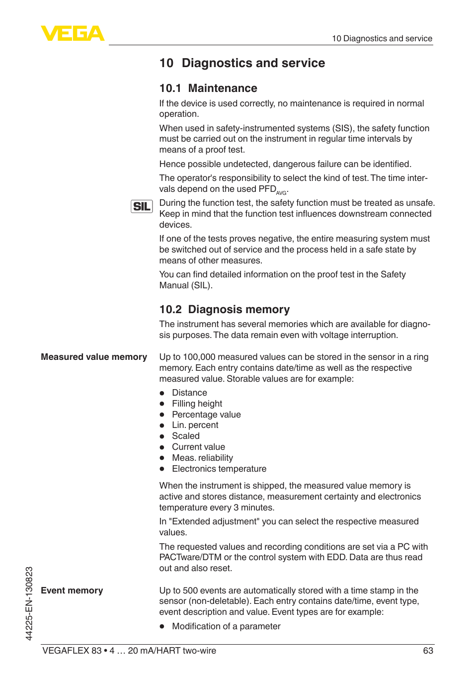 10 diagnostics and service, 1 maintenance, 2 diagnosis memory | VEGA VEGAFLEX 83 4 … 20 mA_HART two-wire Rod probe - Polished version With SIL qualification User Manual | Page 63 / 92