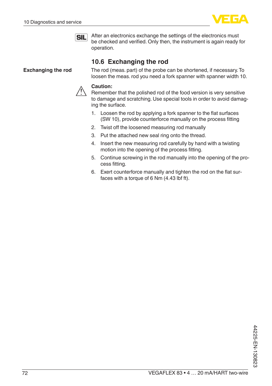 6 exchanging the rod | VEGA VEGAFLEX 83 4 … 20 mA_HART two-wire Rod probe - Polished version With SIL qualification User Manual | Page 72 / 92