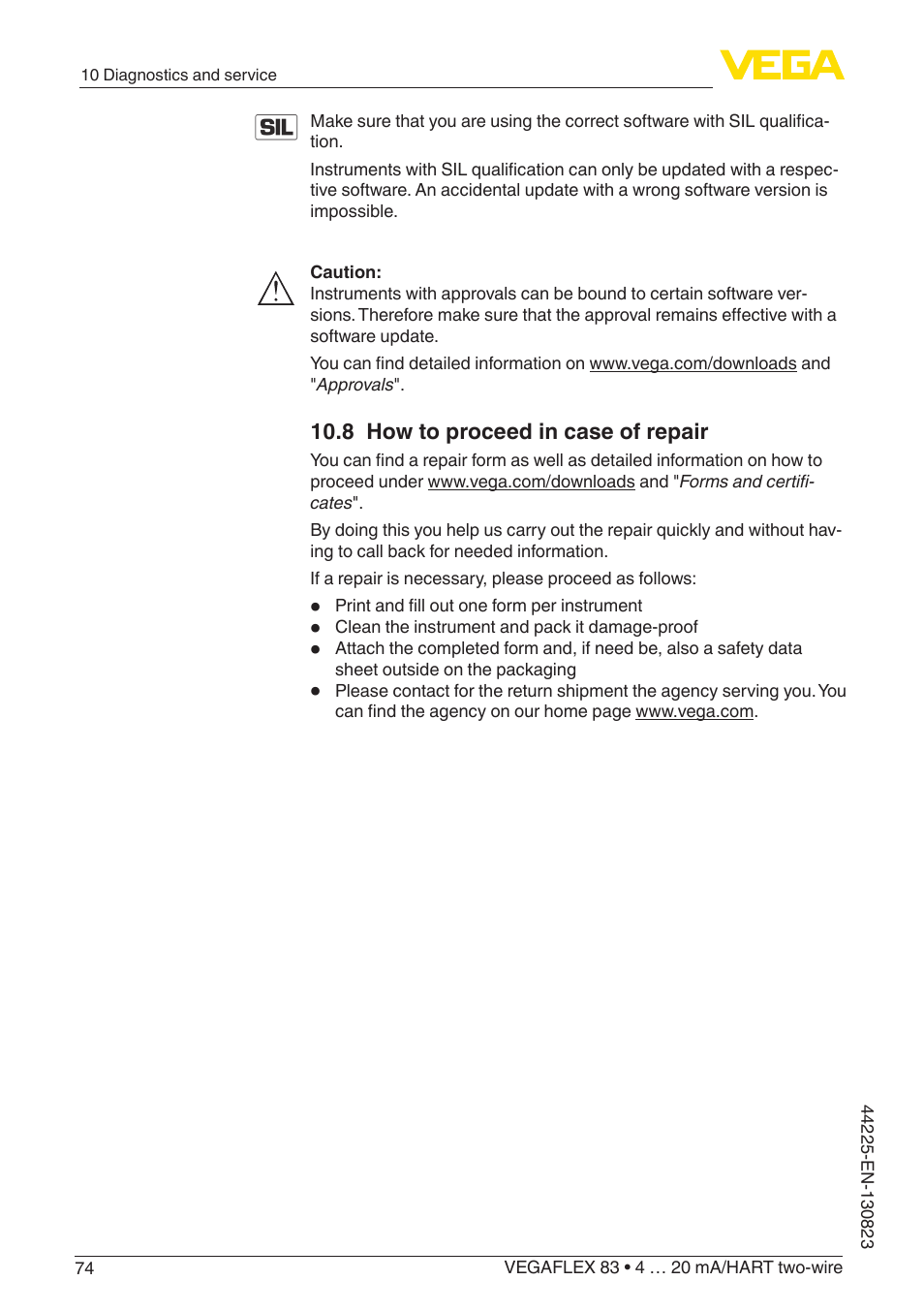 8 how to proceed in case of repair | VEGA VEGAFLEX 83 4 … 20 mA_HART two-wire Rod probe - Polished version With SIL qualification User Manual | Page 74 / 92