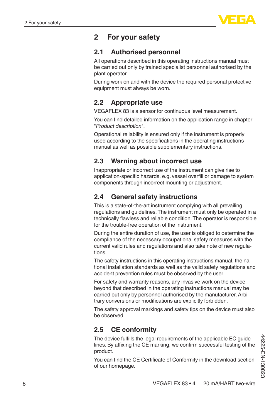 2 for your safety, 1 authorised personnel, 2 appropriate use | 3 warning about incorrect use, 4 general safety instructions, 5 ce conformity | VEGA VEGAFLEX 83 4 … 20 mA_HART two-wire Rod probe - Polished version With SIL qualification User Manual | Page 8 / 92