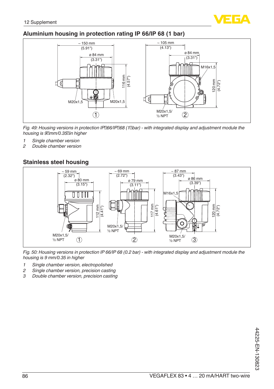 Stainless steel housing | VEGA VEGAFLEX 83 4 … 20 mA_HART two-wire Rod probe - Polished version With SIL qualification User Manual | Page 86 / 92