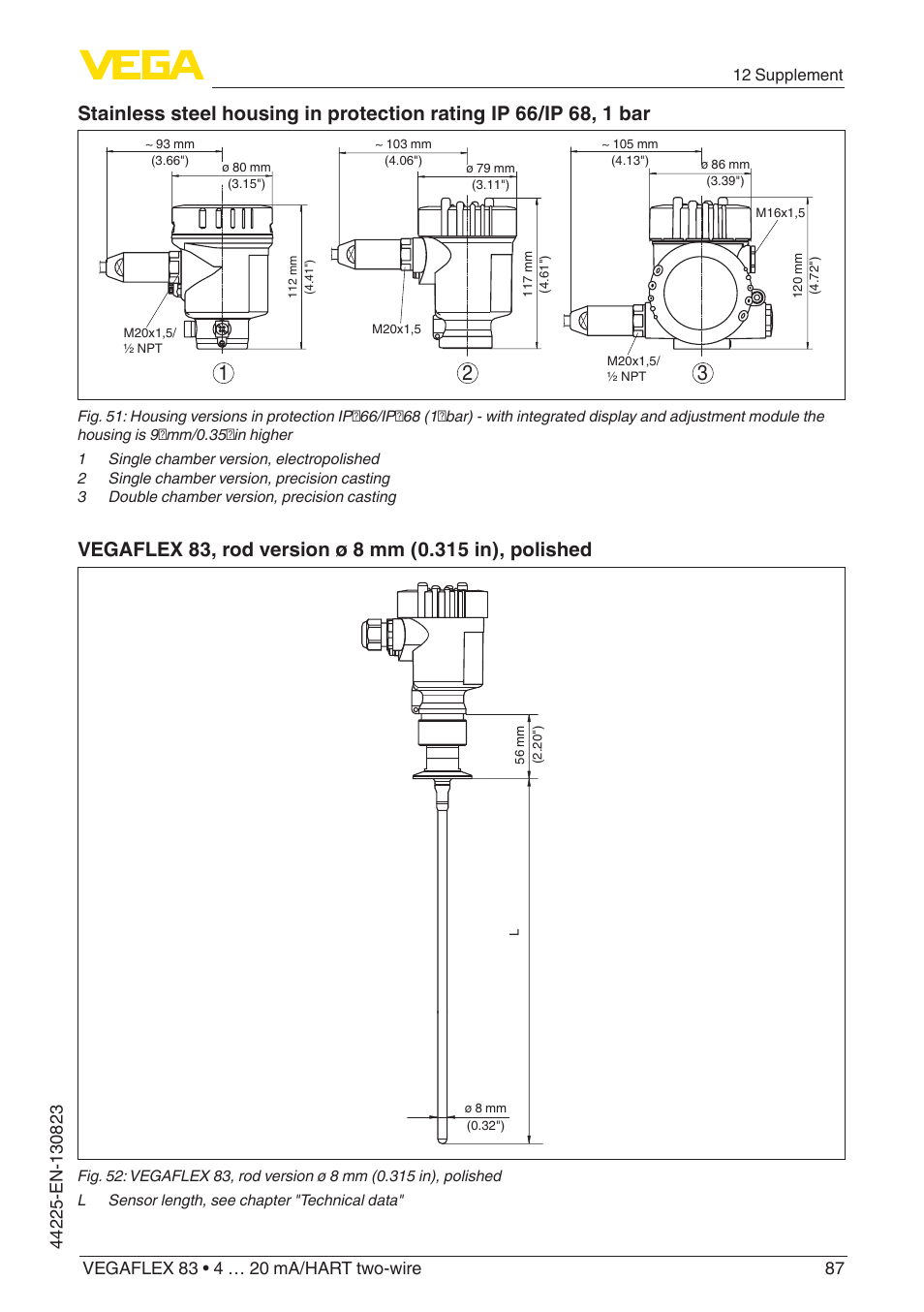 VEGA VEGAFLEX 83 4 … 20 mA_HART two-wire Rod probe - Polished version With SIL qualification User Manual | Page 87 / 92