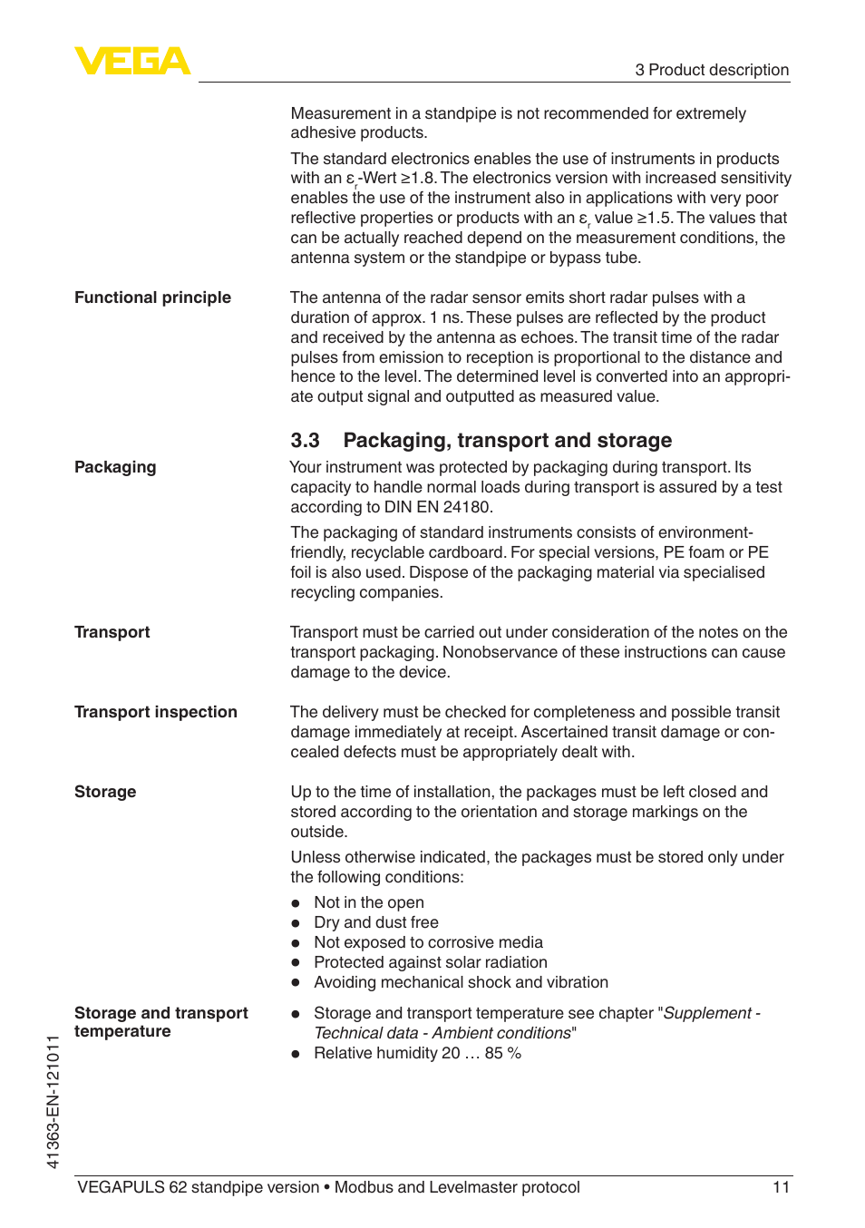 3 packaging, transport and storage | VEGA VEGAPULS 62 (≥ 2.0.0 - ≥ 4.0.0) standpipe ver. Modbus and Levelmaster protocol User Manual | Page 11 / 68