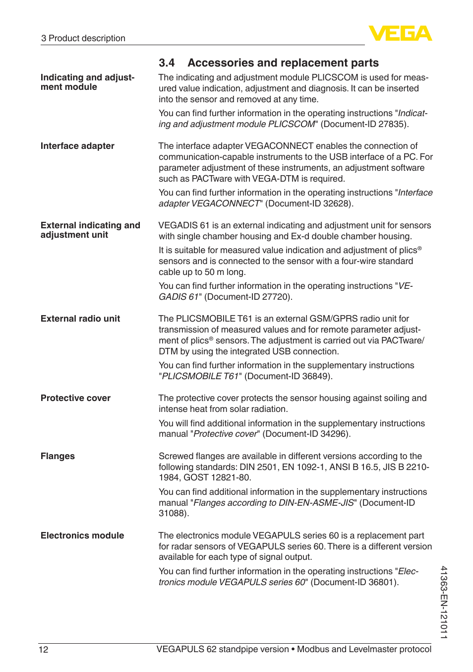 4 accessories and replacement parts | VEGA VEGAPULS 62 (≥ 2.0.0 - ≥ 4.0.0) standpipe ver. Modbus and Levelmaster protocol User Manual | Page 12 / 68