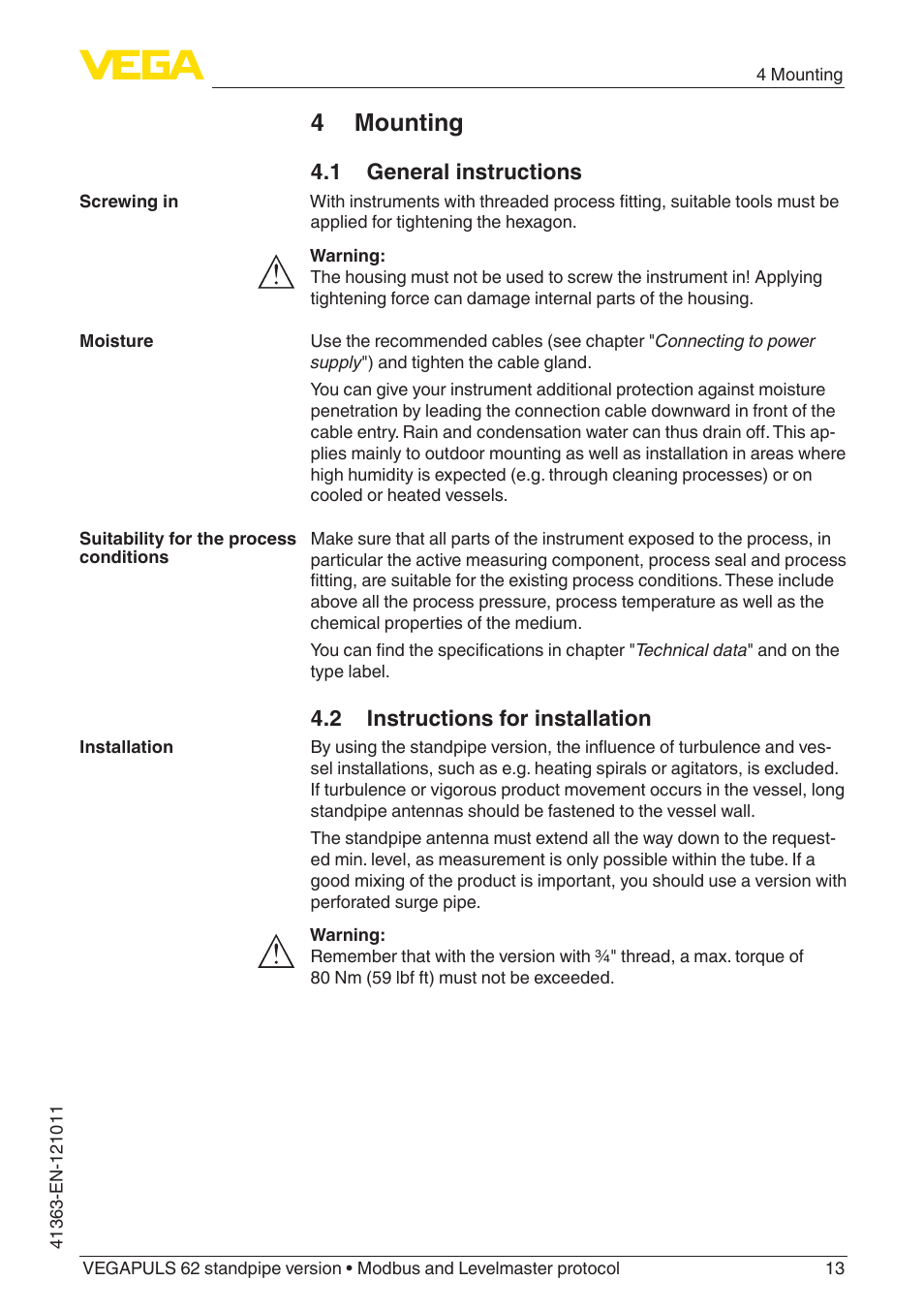 4 mounting, 1 general instructions, 2 instructions for installation | VEGA VEGAPULS 62 (≥ 2.0.0 - ≥ 4.0.0) standpipe ver. Modbus and Levelmaster protocol User Manual | Page 13 / 68