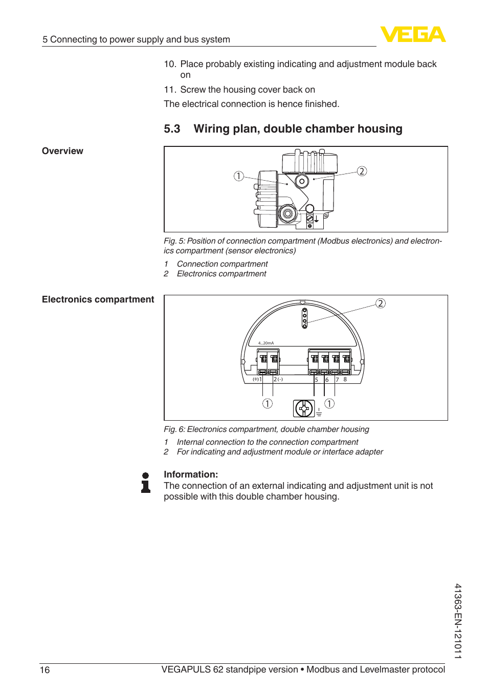 3 wiring plan, double chamber housing | VEGA VEGAPULS 62 (≥ 2.0.0 - ≥ 4.0.0) standpipe ver. Modbus and Levelmaster protocol User Manual | Page 16 / 68