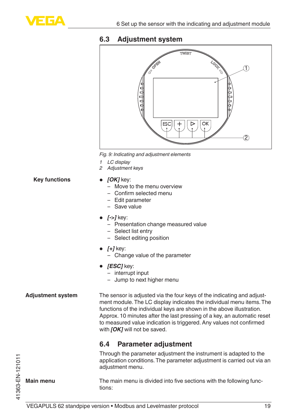 3 adjustment system, 4 parameter adjustment | VEGA VEGAPULS 62 (≥ 2.0.0 - ≥ 4.0.0) standpipe ver. Modbus and Levelmaster protocol User Manual | Page 19 / 68