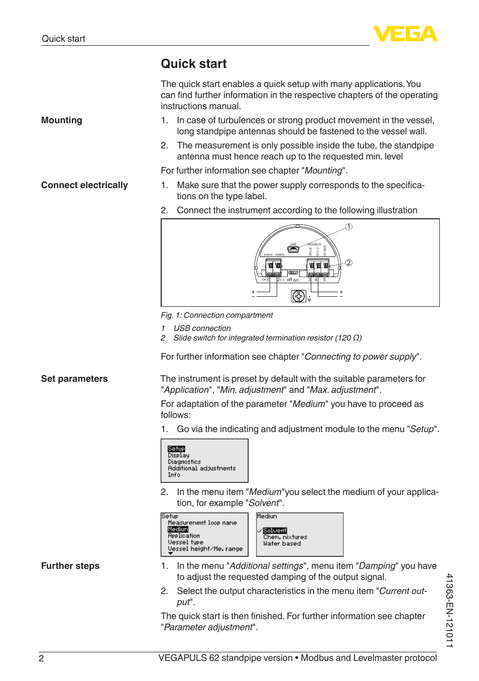 Quick start | VEGA VEGAPULS 62 (≥ 2.0.0 - ≥ 4.0.0) standpipe ver. Modbus and Levelmaster protocol User Manual | Page 2 / 68