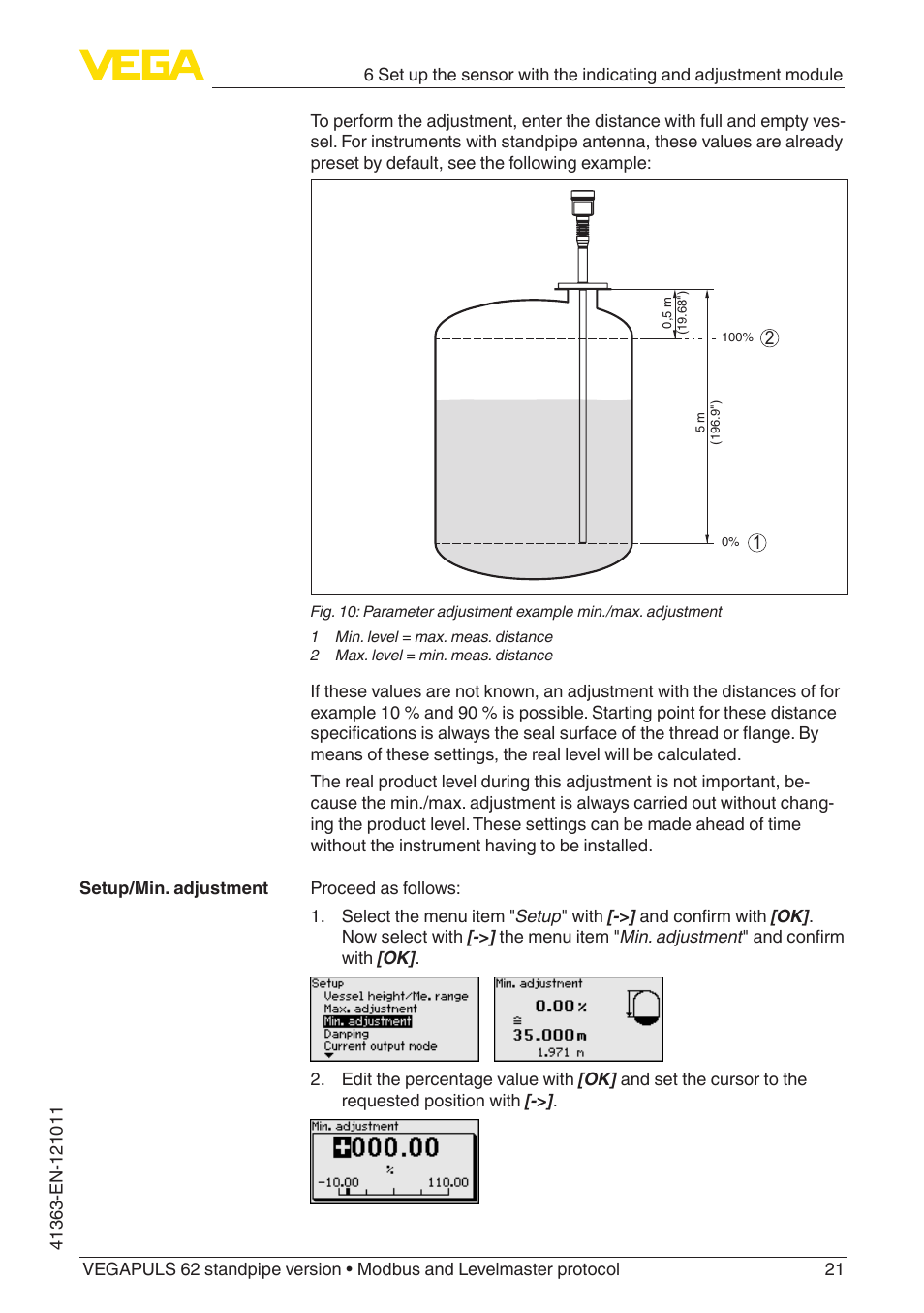 VEGA VEGAPULS 62 (≥ 2.0.0 - ≥ 4.0.0) standpipe ver. Modbus and Levelmaster protocol User Manual | Page 21 / 68