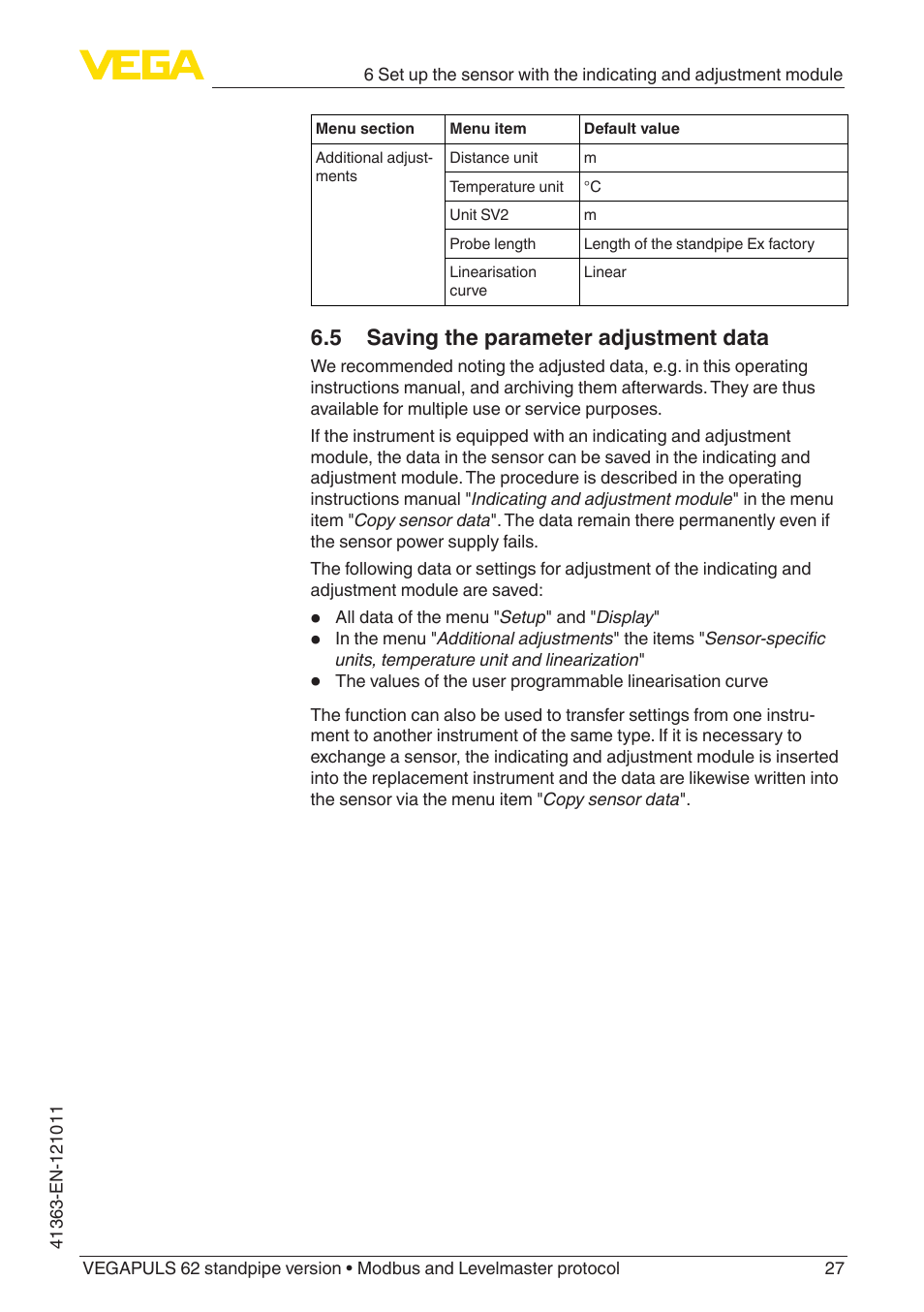 5 saving the parameter adjustment data | VEGA VEGAPULS 62 (≥ 2.0.0 - ≥ 4.0.0) standpipe ver. Modbus and Levelmaster protocol User Manual | Page 27 / 68